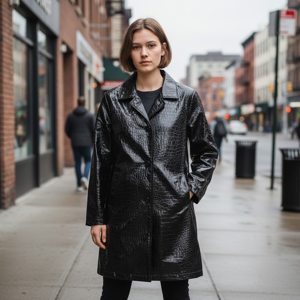 Totes Womens XL Black Faux Leather Crocodile Embossed Patent Raincoat Jacket